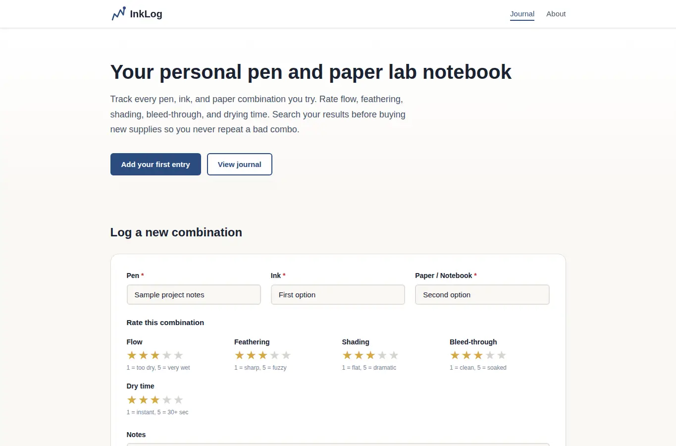 Screenshot of InkLog: Personal Stationery Pen & Paper Test Journal interface showing the project page in use